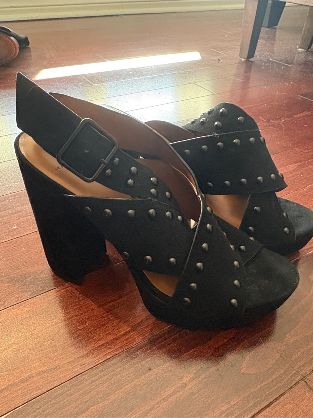 H by Halston Black Studded Suede Block Heel Sandals